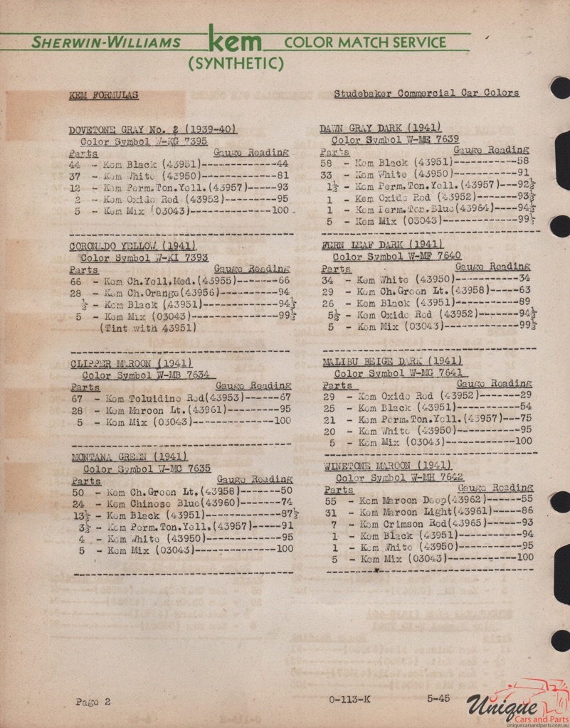 1941 Studebaker Paint Charts Williams 7